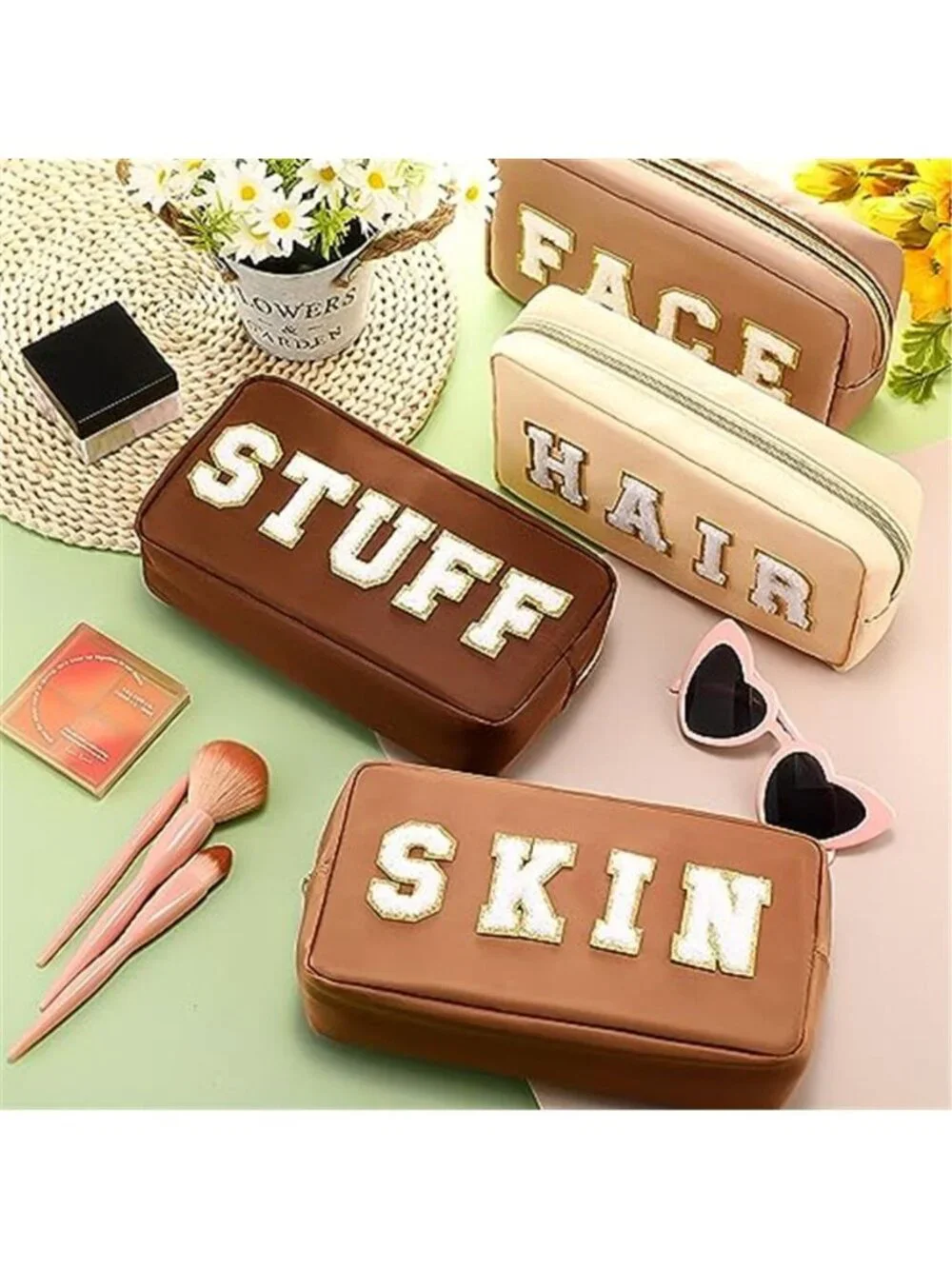 Preppy Makeup Bag Set 4 Pcs Chenille Letter Nylon Cosmetic Pouch Travel Toiletry